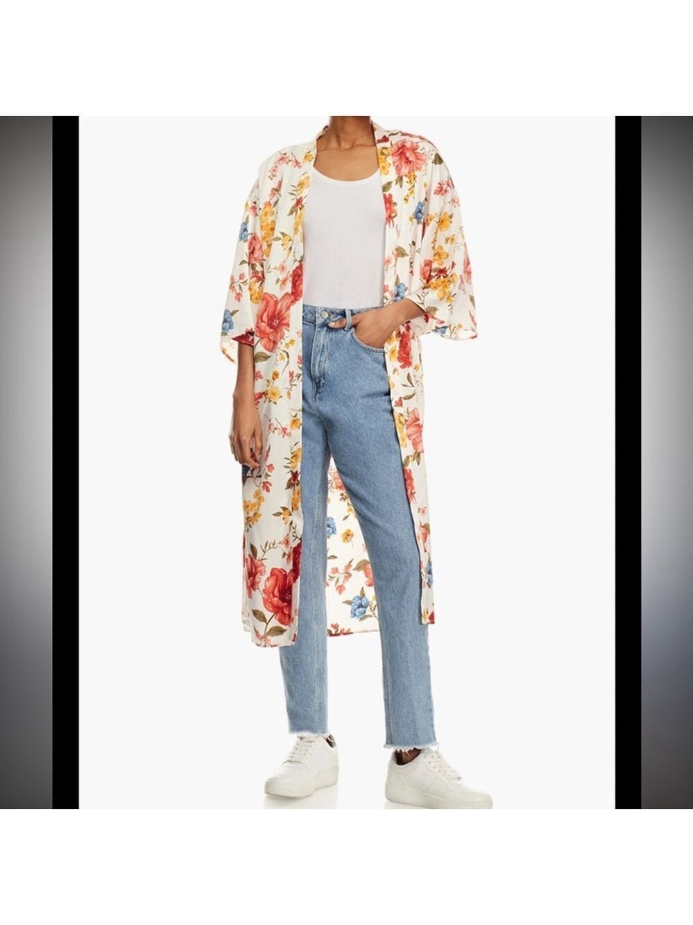 Boho satin open front duster cardigan kimono tropical floral print pink small